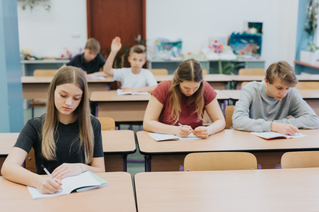 Group of teenagers sitting at school desks during math class lessons